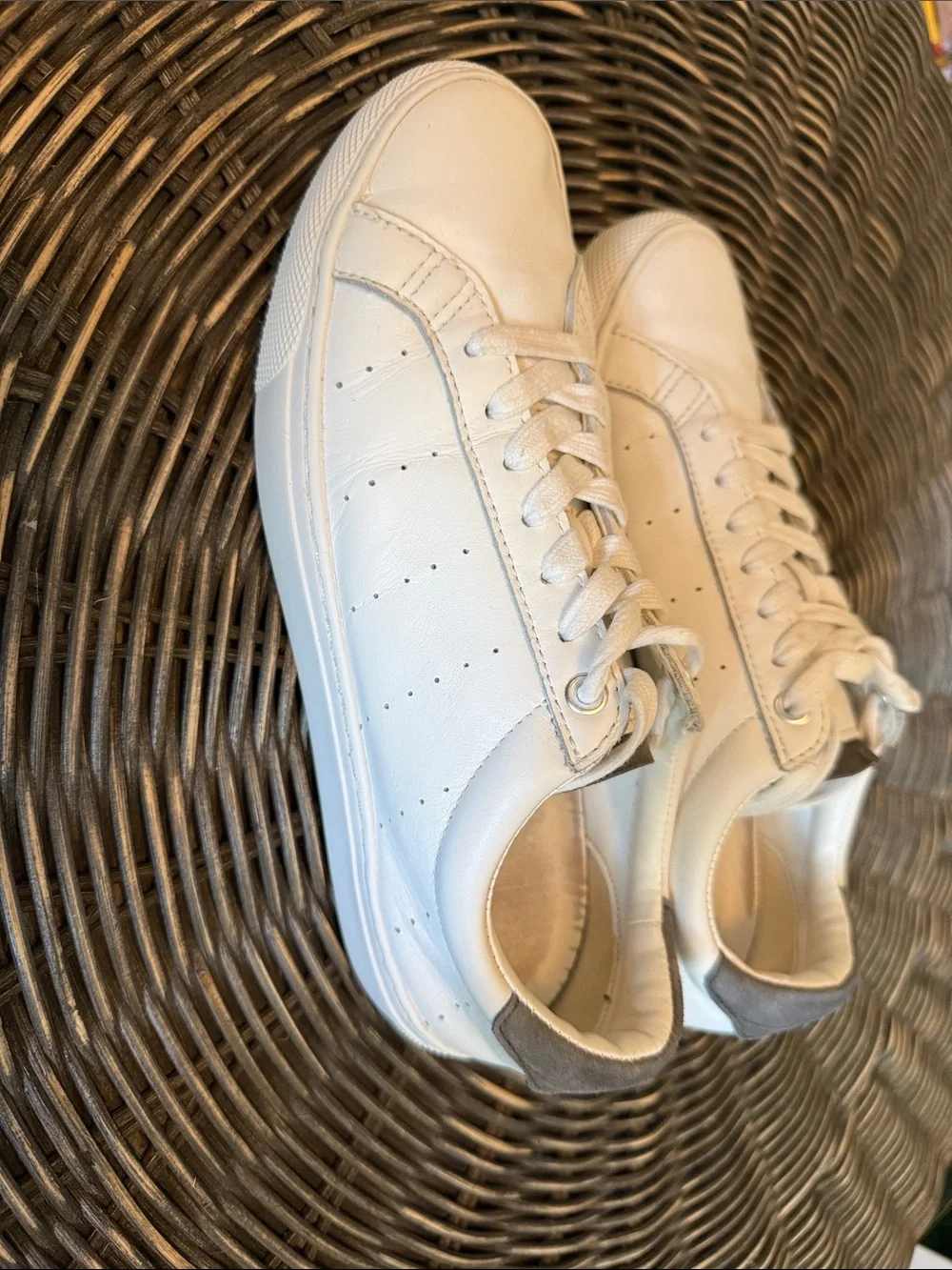 J. Crew Factory Leather White Low-Top Sneakers with Gray Suede Heel